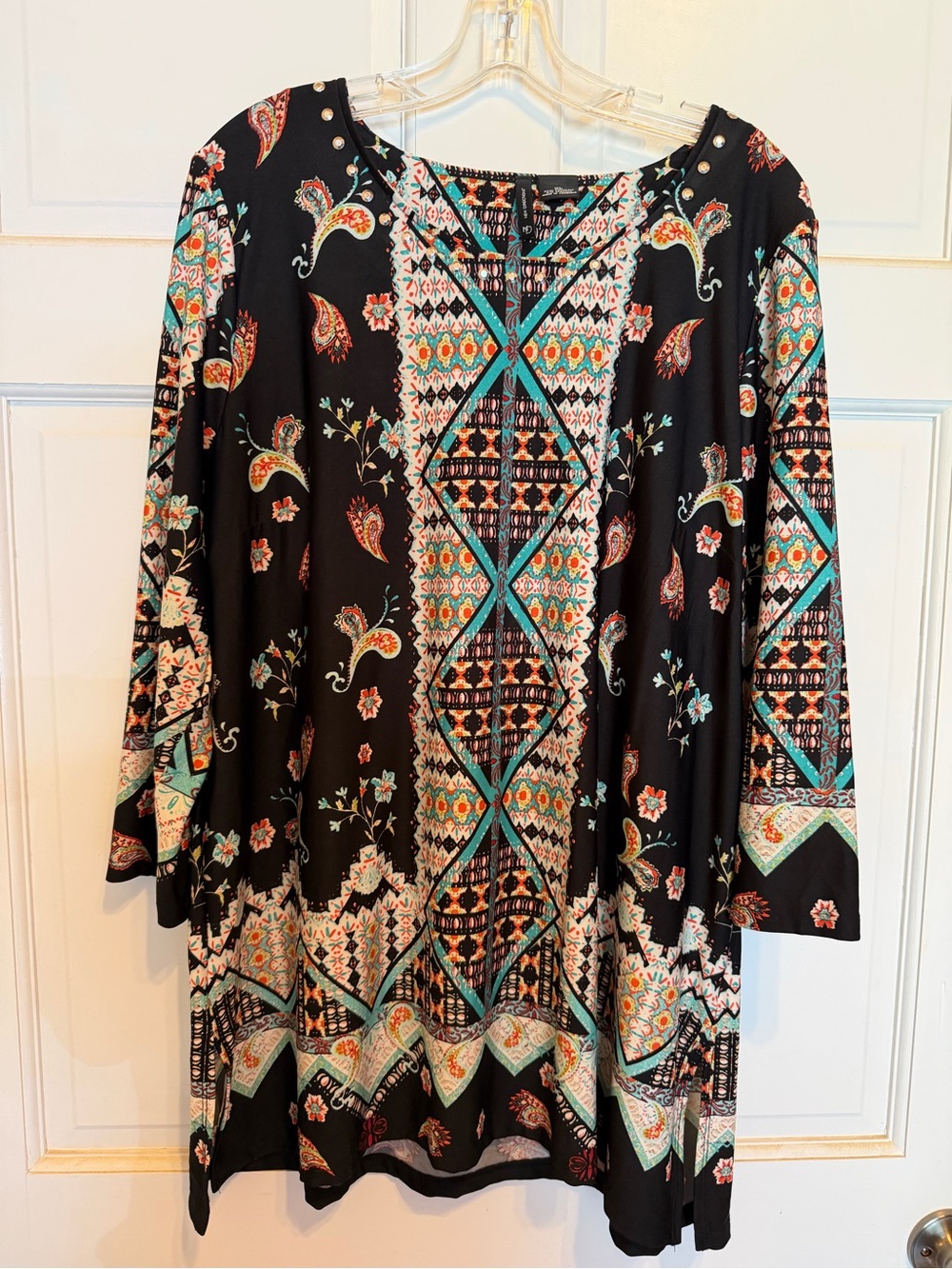 new directions Bohemian Teal Black Coral Patterned Embellished Top - XL